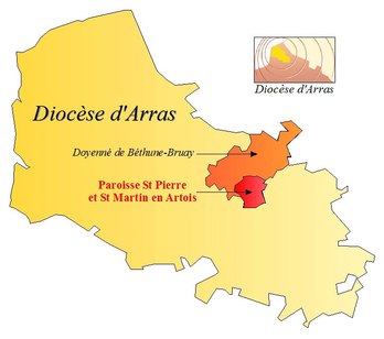 Situation gÃ©ographique de la paroisse St Pierre et St Martin en Artois. En orange, le territoire du doyennÃ©. En rouge, le territoire de la paroisse.