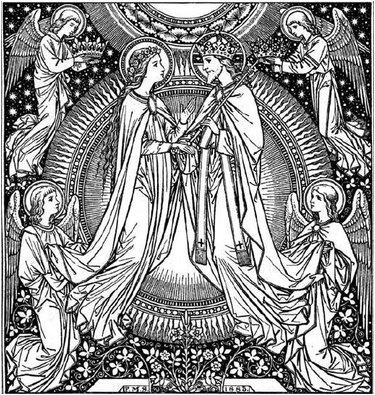 Marie rejoint le Seigneur JÃ©sus dans la gloire du ciel. Illustration d'un missel ancien.