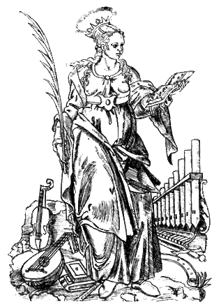 Ste Cécile avec ses attributs : palme du martyre et instruments de musique
