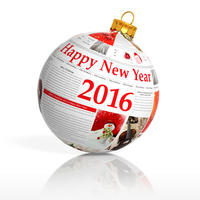 Newspaper happy new year 2016 ball on white backgr