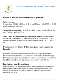 horaires ST VIncent de Paul en calaisis