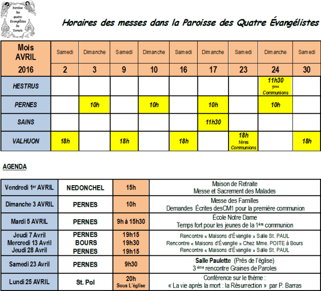 Calendrier AVRIL