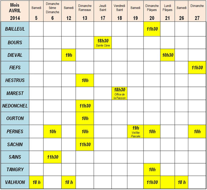 Calendrier Messe Avril