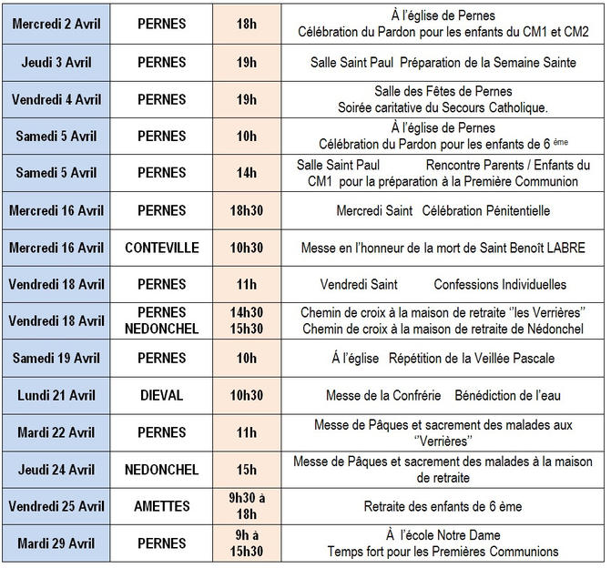 Calendrier Messe Avril 2