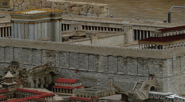 Maquette à Jérusalem. Le Temple, parvis des païens, parvis des juifs, ,(non visible: le saint des saints). 